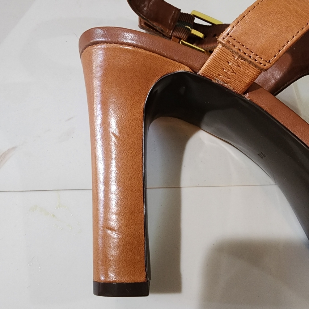 Lauren Ralph Lauren Synthia Cognac Leather Platform Slingback Sandals 10 - Picture 13 of 15